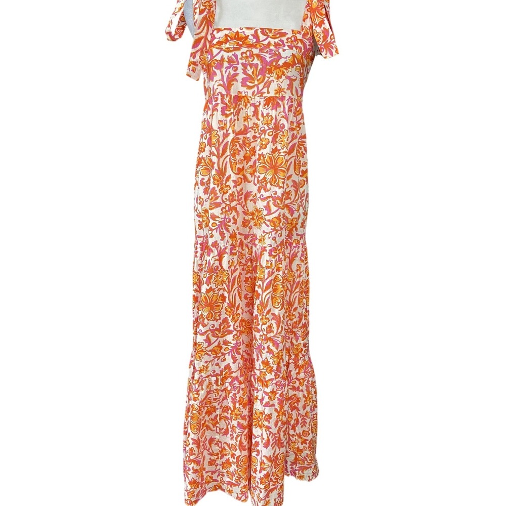 Playa Lucila Maxi Sundress Womens XS Pink Orange Floral Cotton Smocked Tiered